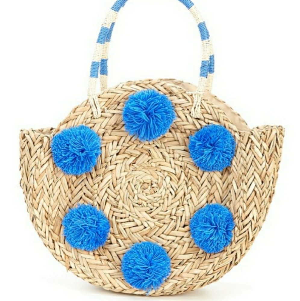 New Mudpie Pom Pom Circle Grass Boho Tote Bag. - Picture 5 of 8